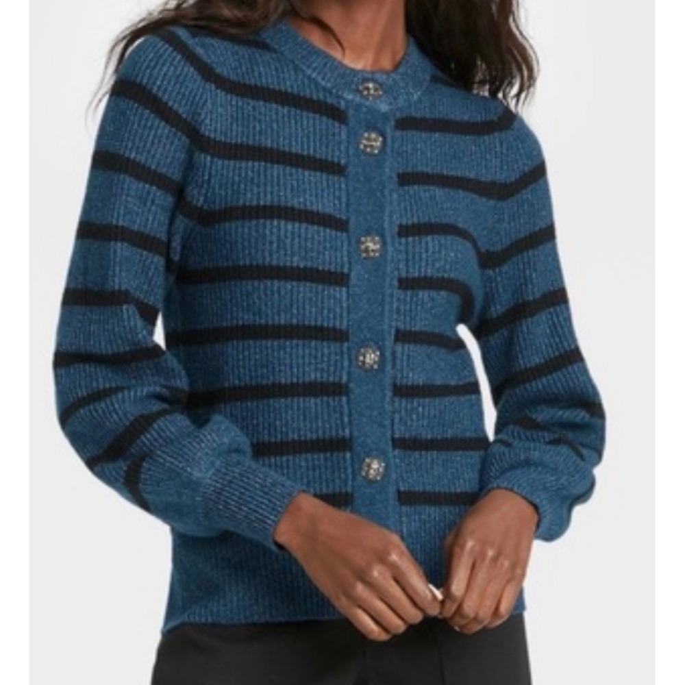 Who What Wear Womens XL Blue Black Striped Jewel Button Cardigan Sweater‎ XL